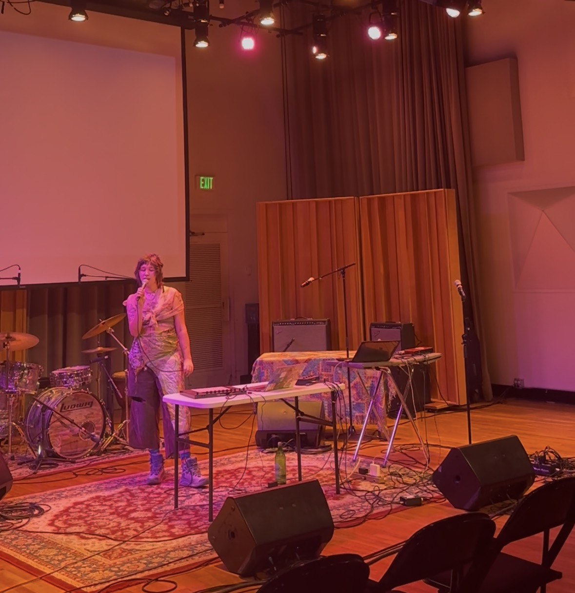 a performer sings in front of a table on stage